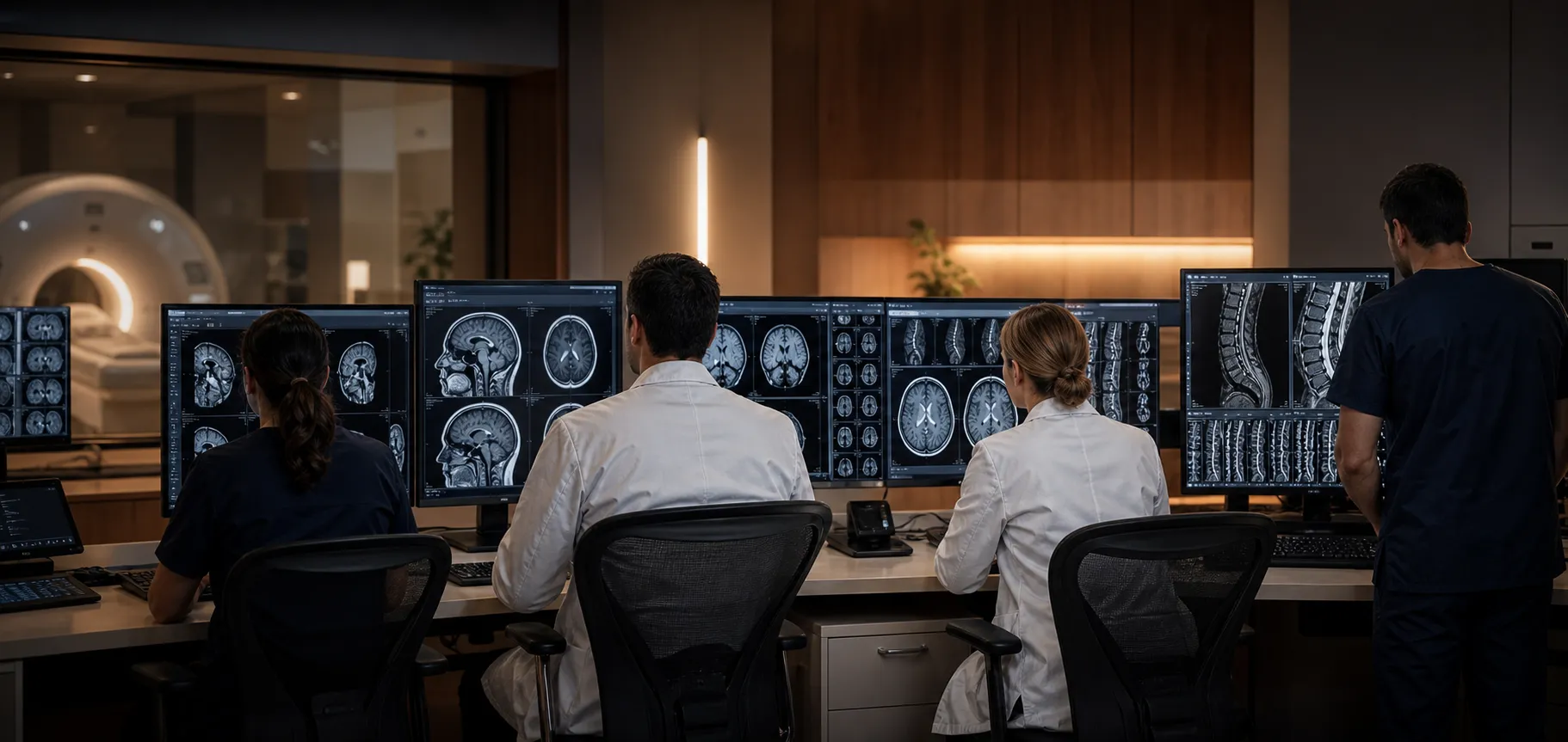 Neurosurgical team reviewing brain and spine scans at computer workstations